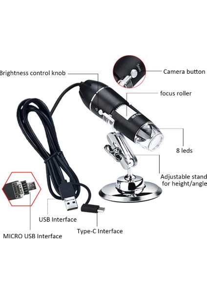 3'Ü 1 Arada Usb Ve Mikro Usb Ve C Tipi Dijital Mikroskop (Yurt Dışından)