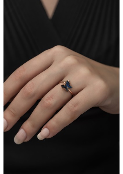 925 Ayar Ayarlanabilir Mavi Kelebek Kadın Gümüş Yüzük