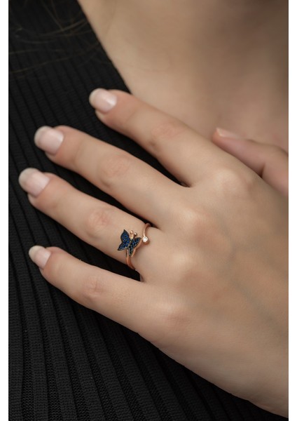 925 Ayar Ayarlanabilir Mavi Kelebek Kadın Gümüş Yüzük modelleri