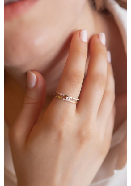 Çift Sıra Modern Tasarım Altın Yüzük