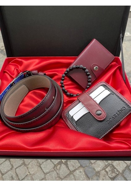 Erkek Bordo Mekanizmalı Kilitli Cüzdan Kemer Kartlık Bileklik Set