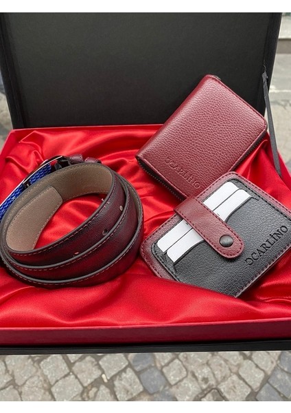 Erkek Bordo Fermuarlı Dik Cüzdan Kemer Kartlık Set