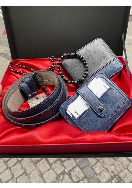 Lacivert Klasik Cüzdan Kemer Kartlık Tesbih Bileklik Şık Seti