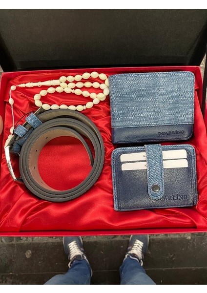 Deri Mavi Erkek Deri Cüzdan Kemer Kartlık Tesbih Portföy Seti