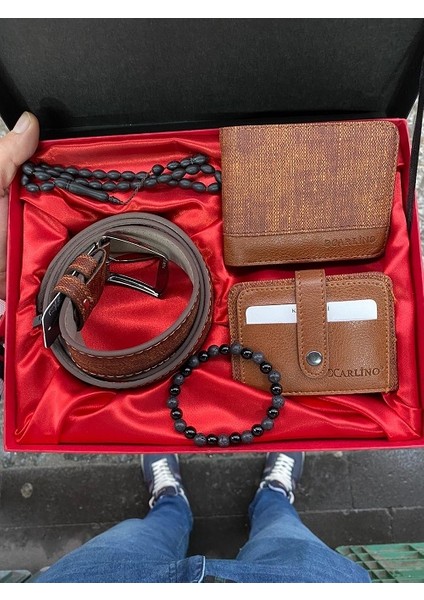 Deri Taba Erkek Deri Cüzdan Kemer Kartlık Tesbih Bileklik Portföy Seti