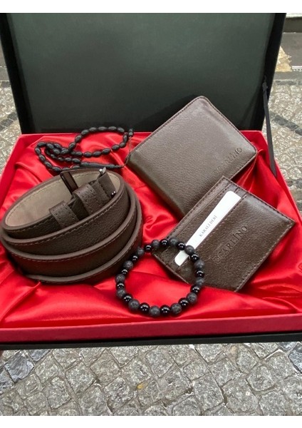 Kahverengi Erkek Klasik Cüzdan Kemer Kartlıklı Bileklik ve Tesbih Seti
