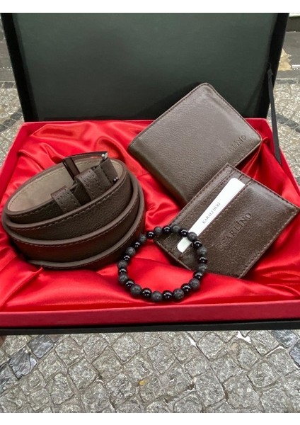 Kahverengi Erkek Klasik Cüzdan Kemer Kartlıklı Bileklikli Şık Seti