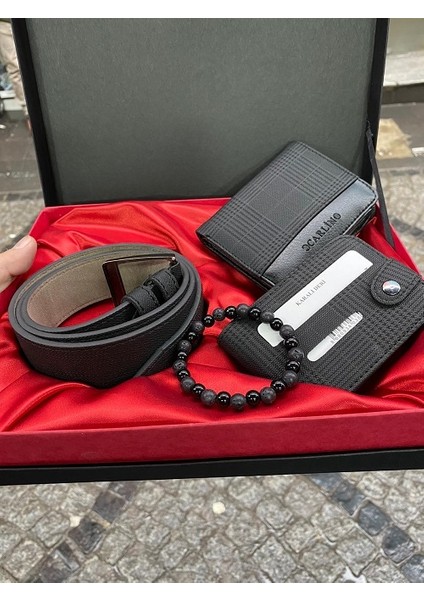 Siyah Ekose Desenli Erkek Cüzdan Kemer Kartlıklı Bileklikli Şık Seti