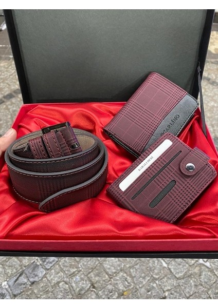Bordo Siyah Ekose Desenli Erkek Cüzdan Kemer Kartlıklı Şık Seti