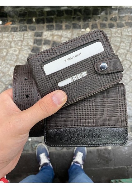 Kahverengi Ekose Desenli Erkek Şık Cüzdan Kemer Kartlıklı Hediye Seti