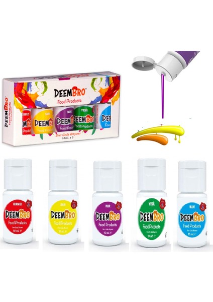 Sıvı Gıda Boyası Seti 5'li 5 Renk  10 ml x 5'li Su Bazlı Likit Gıda Boyaları Set 1