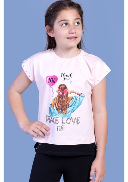 Toontoy Kız Çocuk Garni Detaylı Taş Işlemeli Baskılı Tişört