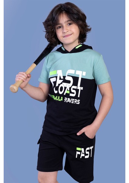 Toontoy Erkek Çocuk Kapüşonlu Garni Detaylı Baskılı Şortlu Takım