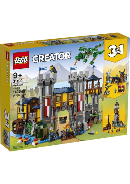 Creator 3#ü 1 Arada Ortaçağ Kalesi 31120 Yapım Seti; Hendekli ve Köprülü Kale; Ayrıca 3 Minifigür (1426 Parça)