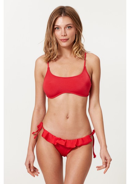 Askılı Straplez Fırfırlı Bikini Takım 217389 Nar Çiçeği