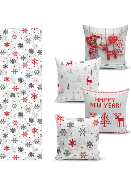 Real Homes Hapy New Year Tasarımlı 4 Kırlent Kılıfı ve 1 Runner Seti