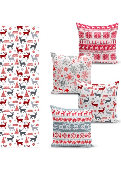 Real Homes Mery Christmas Geyik Desenli 4 Kırlent Kılıfı ve 1 Runner Seti