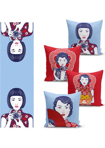Real Homes Bordo & Mavi Renkli Fashion Girl Motifli 4 Kırlent Kılıfı ve 1 Runner Seti