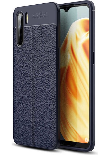 Oppo Reno 3 Kılıf Rugan Armor Deri Görünümlü Yüksek Kalite Silikon Niss Lacivert