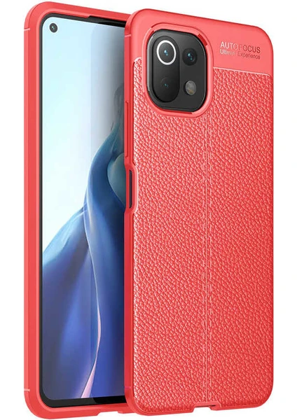 Case 4U Xiaomi Mi 11 Lite Kılıf Rugan Armor Deri Görünümlü Yüksek Kalite Silikon Niss Kırmızı