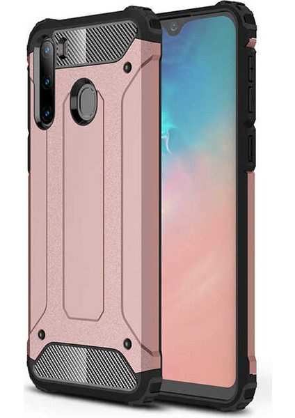 Galaxy A21 Kılıf Military Armor Çift Katmanlı Crash Silikon Kılıf Rose Gold