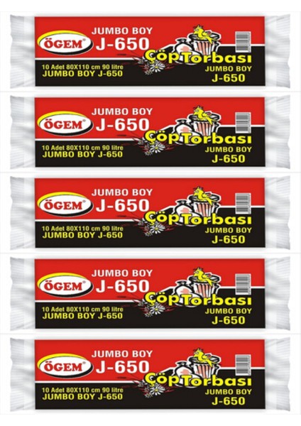 J-650 Jumbo Boy Çöp Poşeti 80x110 cm 10 lu Rulo x 5 Paket = 50 Adet