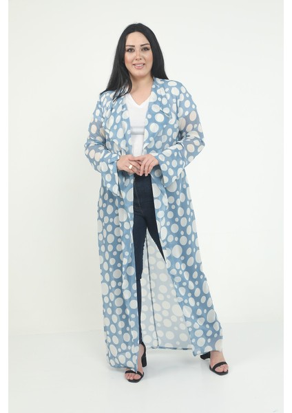 Disentis Modest Büyük Beden Mendil Yaka Puanlı Kolları Yırtmaç Detaylı Uzun Mavi Kimono&kaftan