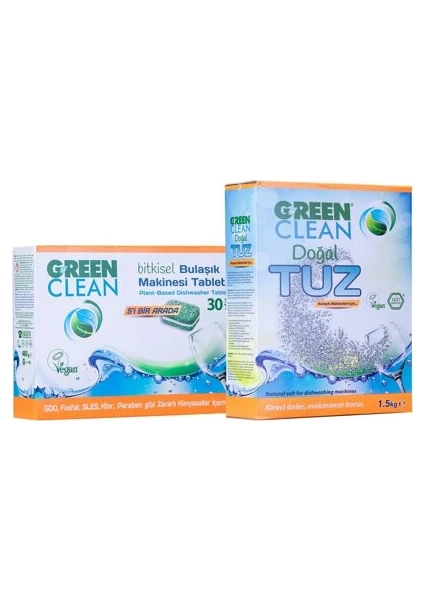 Green Clean Bitkisel Bulaşık Makinesi Tableti 30' Lu + Tuz 1,5 Kg. 2' Li Set