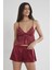 450 Kadın Saten Dantelli Pijama Şort - Bordo 1