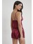 450 Kadın Saten Dantelli Pijama Şort - Bordo 4