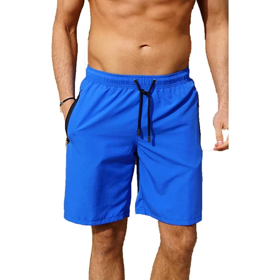 Miami Beach Saks Su Itici Özellikli Düz Renk Erkek Uzun Deniz Şort - 2203-SAKS