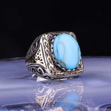 Gumush  Gümüş Turkuaz Taşlı Kare Erkek Yüzük