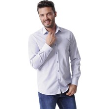 Ottomoda Erkek Saks-Beyaz Baskılı Uzun Kollu Yarı Slim Gömlek,OT-CP-20037
