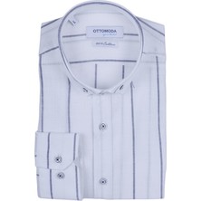 Ottomoda Beyaz Keten Çizgili Uzun Kollu Pamuklu Regular Gömlek,OT-C-20018