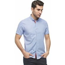 Ottomoda Erkek Mavi Desenli Kısa Kol Yarı Slim Pamuklu Gömlek, OT-C-20187