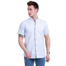 Exve Exclusive Açık Mavi Beyaz Çizgili Doğal Keten Hakim Yaka Kısa Kollu Gömlek