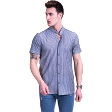 Exve Exclusive Gri Beyaz Çizgili Pamuk Hakim Yaka Kısa Kollu Gömlek