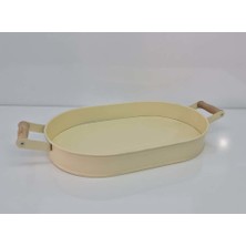 Yıldıray Metal Ahşap Kulplu Kalın Galveniz Metal Yapım Oval Tepsi 36 cm Krem