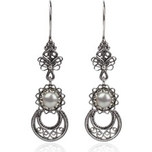 Filigran Silver 925 Ayar Gümüş Otantik El Işçiliği Telkari Doğal Inci Taş Kadın Sarkaç Ay Küpe