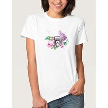 Qivi Watercolor Camera Kadın Beyaz Tshirt