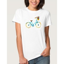 Qivi Watercolor Bicycle Kadın Beyaz Tshirt