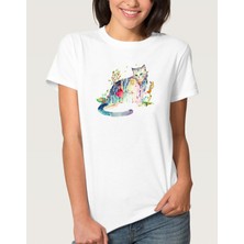Qivi Watercolor Cat Kadın Beyaz Tshirt