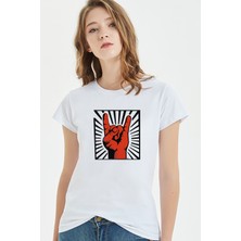 Qivi Rock'n Roll El Işareti Baskılı Beyaz Kadın Tshirt
