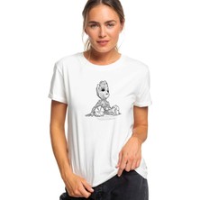 Qivi Groot Coloring Baskılı Beyaz Kadın Örme Tshirt