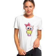 Qivi Baykuş Kız Pembe Baskılı Beyaz Kadın Tshirt