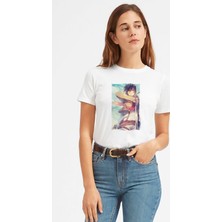 Qivi Anime Attack On Titan Baskılı Beyaz Kadın Tshirt