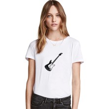 Qivi Elektro Gitar Rock Müzik Baskılı Beyaz Kadın Tshirt