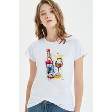 Qivi Watercolor Red Wine Bottle Rose Kadın Beyaz Tshirt
