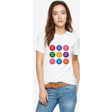 Qivi Pi Renkli Logo Baskılı Beyaz Kadın Tshirt