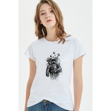 Qivi Astronot Uzay Akvaryum Baskılı Beyaz Kadın Tshirt